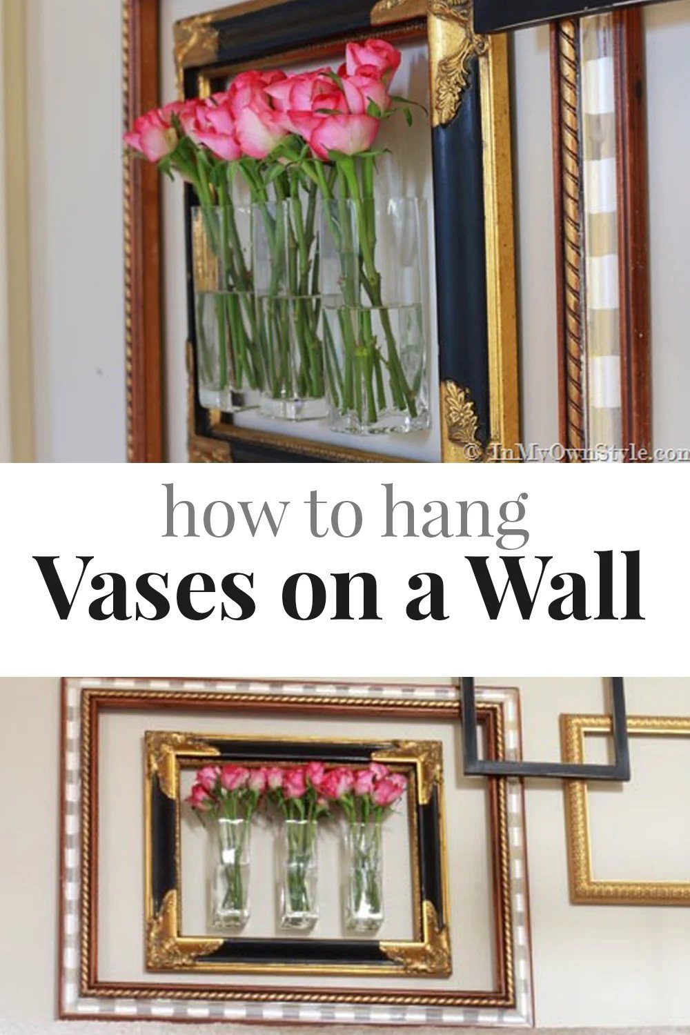 rectangular glass vases on a wall mixed in with empty picture frames to create a unique layered gallery wall.
