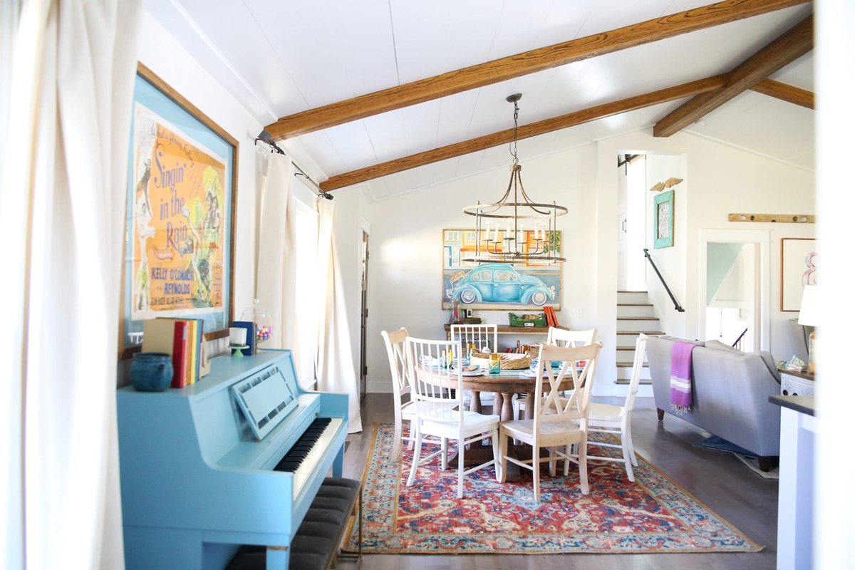 The Handmade Home's great room decorated for an active family using bright and cheery colors.