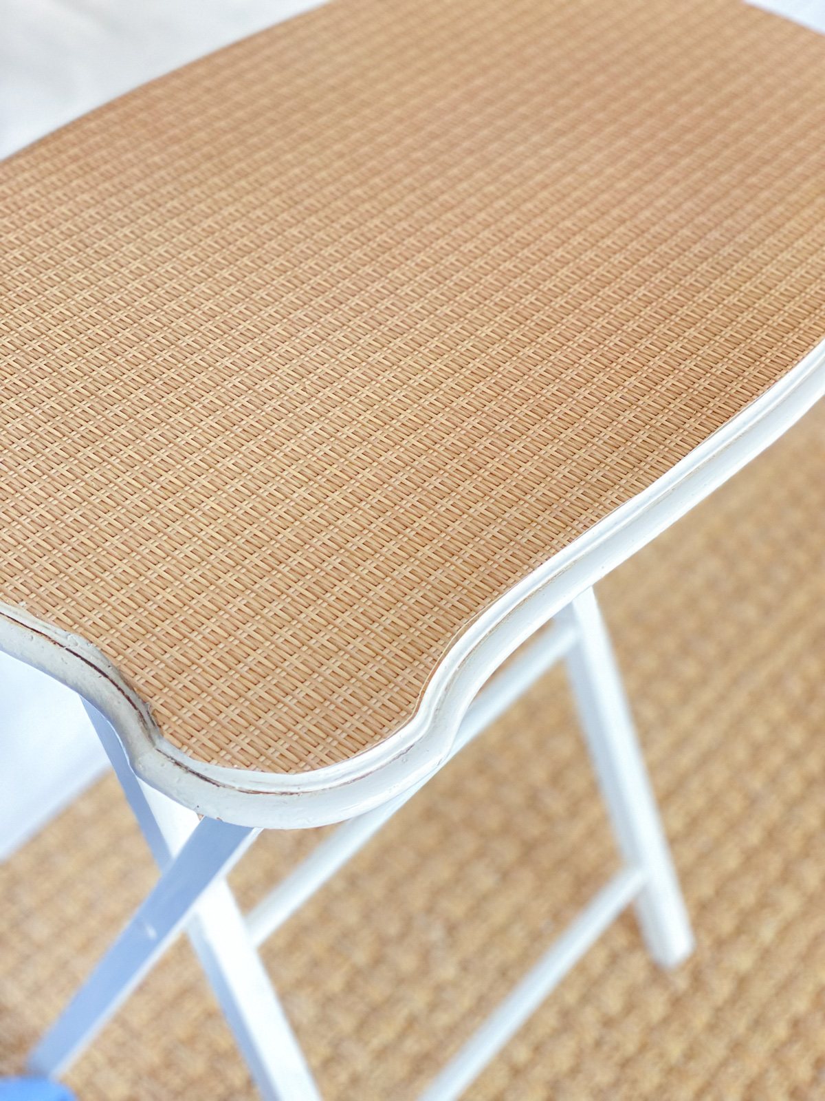 wallpaper on furniture - wicker print on top of a wood tray table