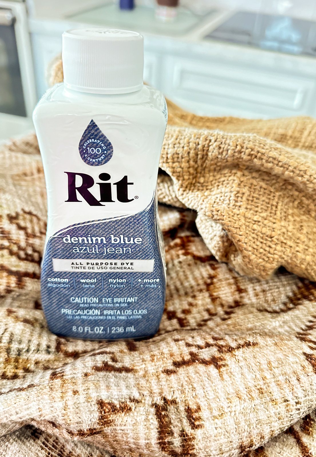 a bottle of Rit All purpose dye in the color denim blue