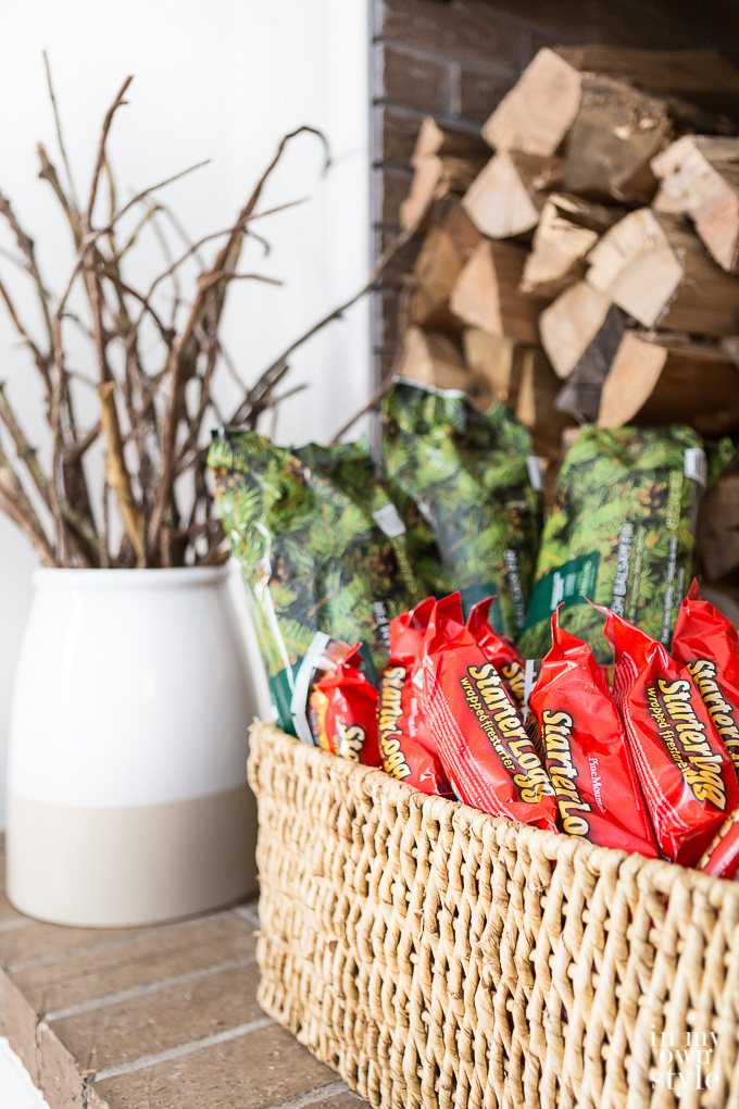 How to organize fire starting supplies around a fireplace.