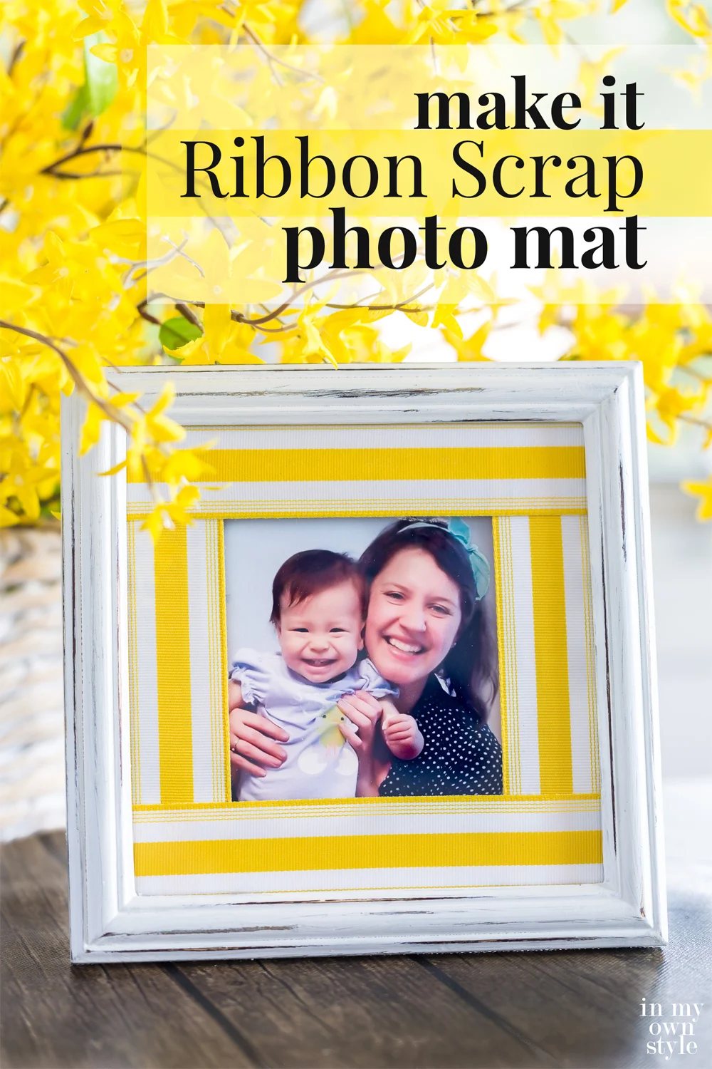 White and yellow ribbon mat DIY on a white photo frame