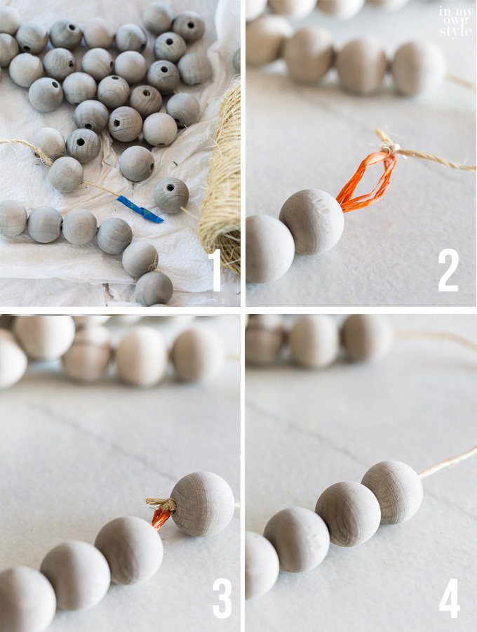 4 steps to string wood beads on twine