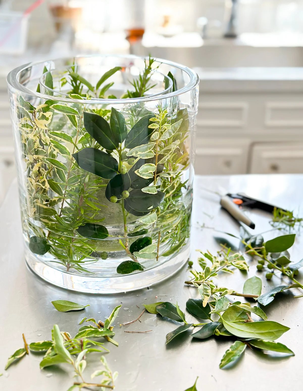 making a candle vase for summer using 2 glass vases and herb cuttings.
