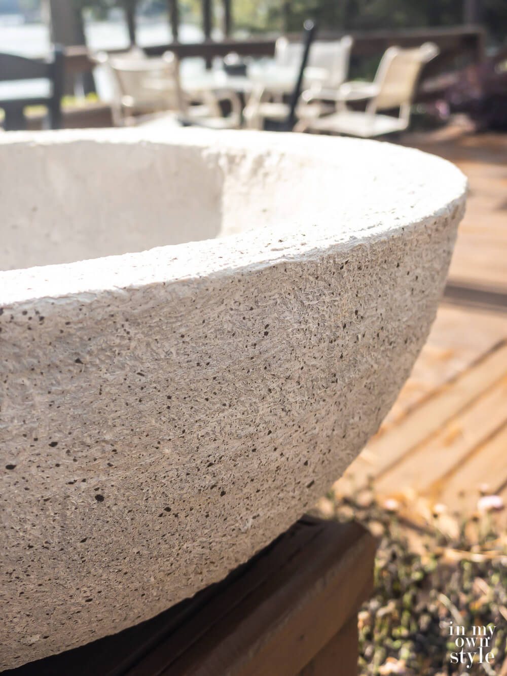 Close up of finished bowl after splatters of grey-black paint were added.