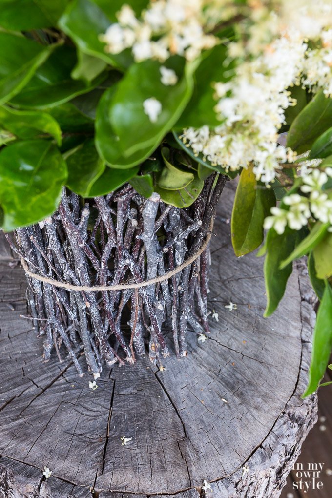 DIY rustic twig vase tied with twine
