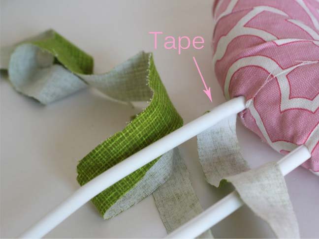 Scrap fabric wound around plastic hangers to create Easter Bunny ears.