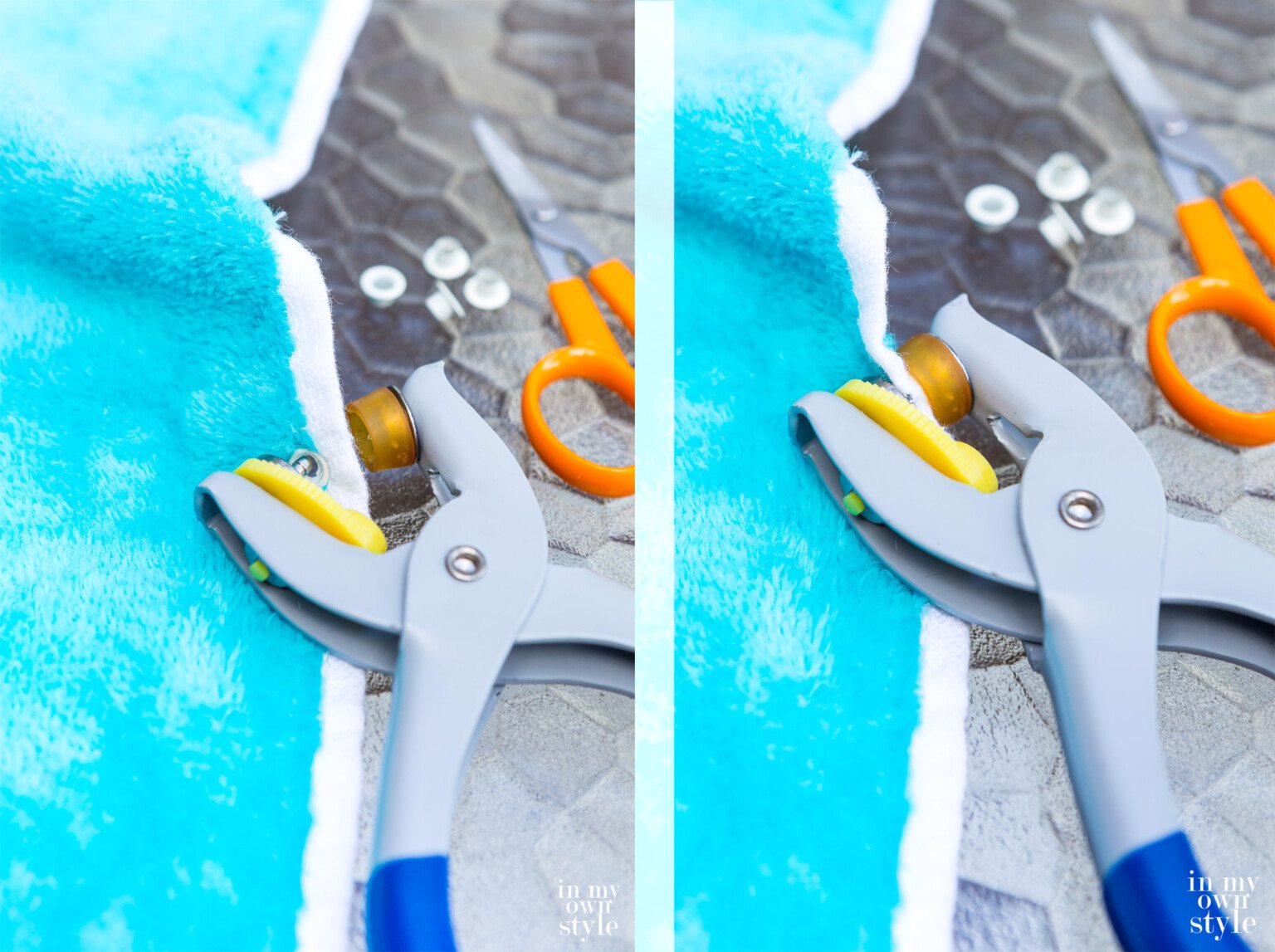 2 photos showing how to punch a metal eyelet into a towel to make a tie on outdoor chair cover.