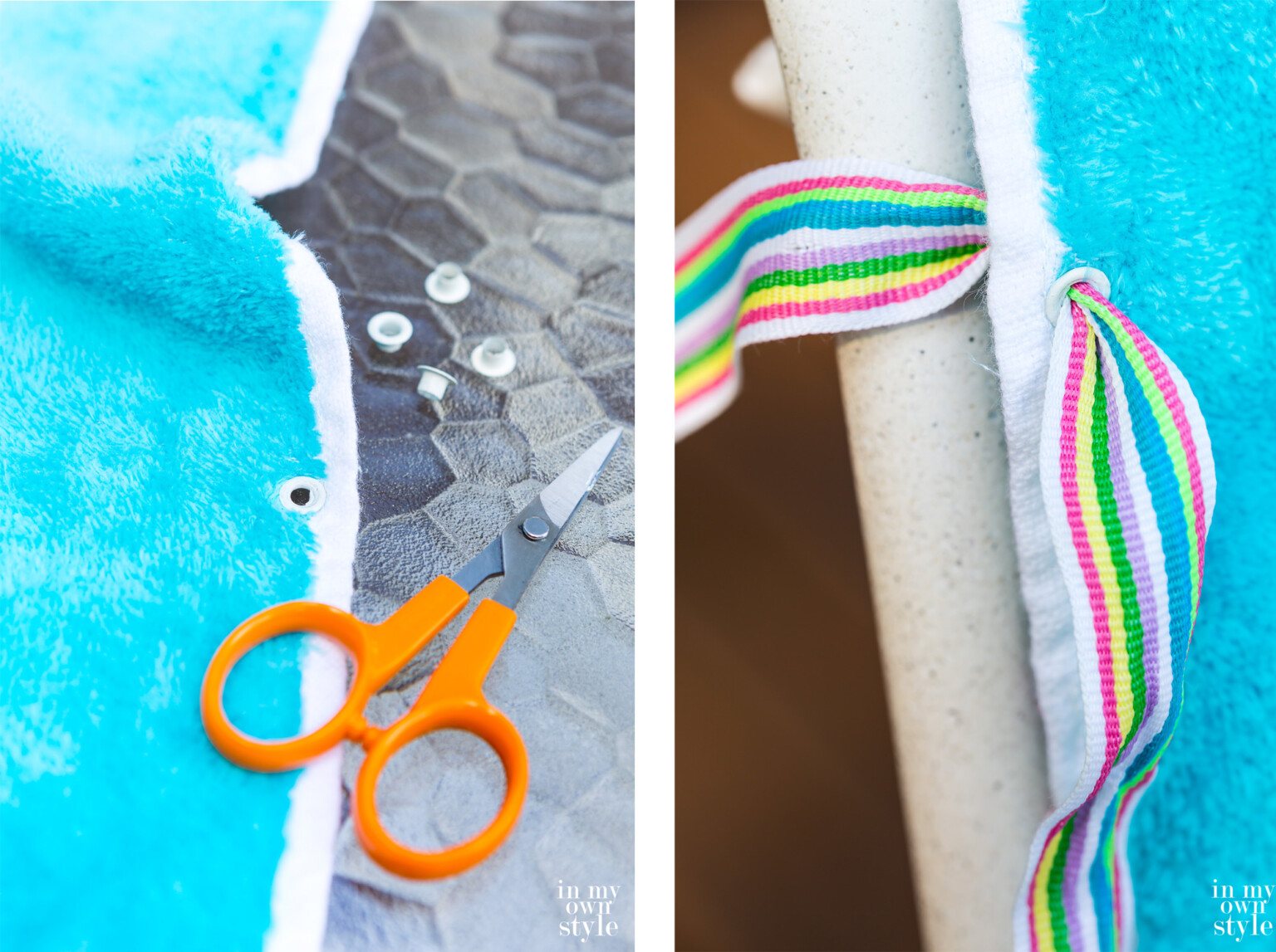 How to thread ribbon through an eyelet when making an outdoor chair slipcover.