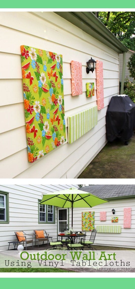 DIY Outdoor Wall Art using Vinyl Tablecloths.
