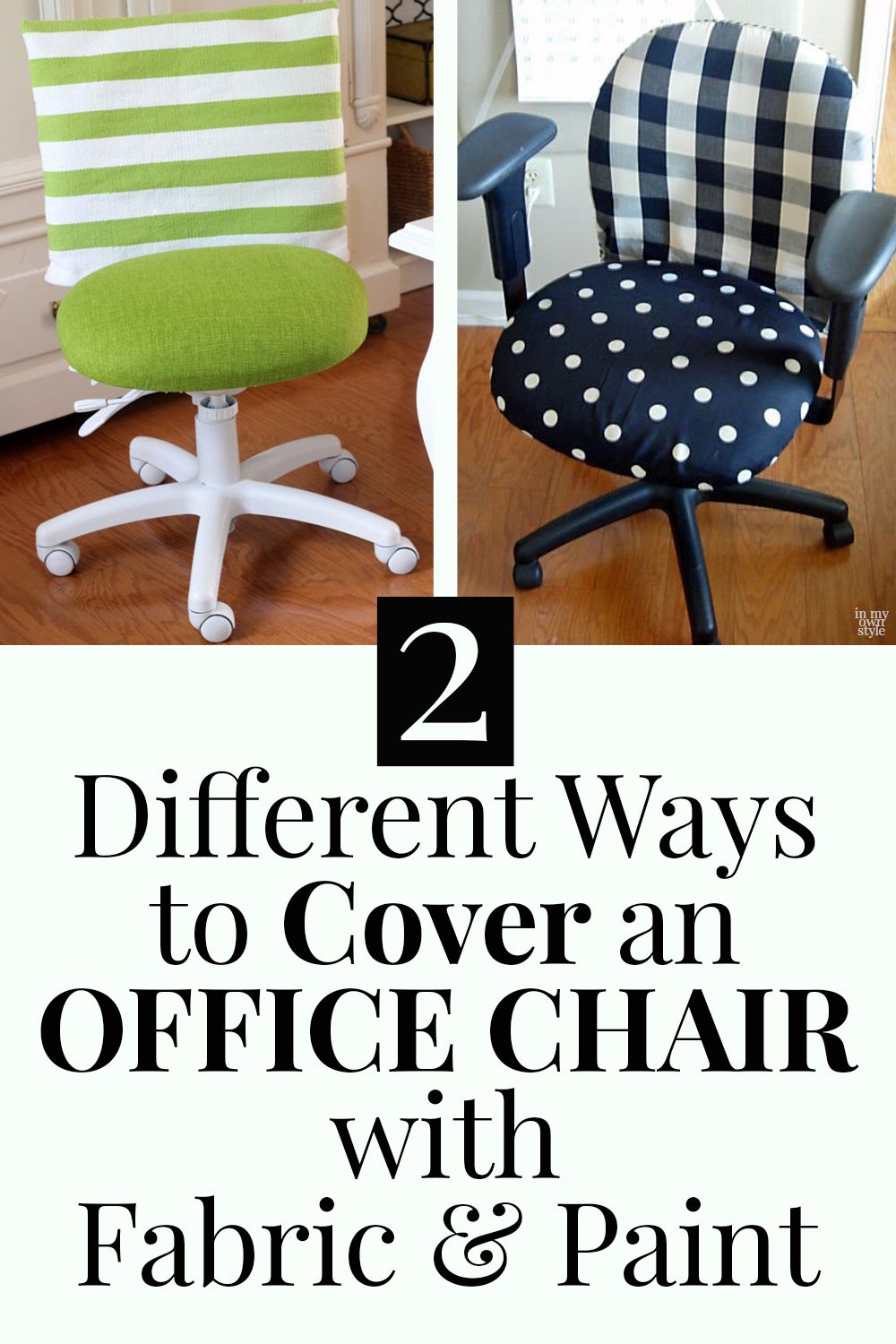 Two office chairs after getting new fabric covers.
