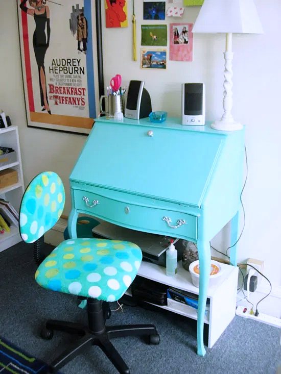 office chair made over using a beach towel on the seat and back.