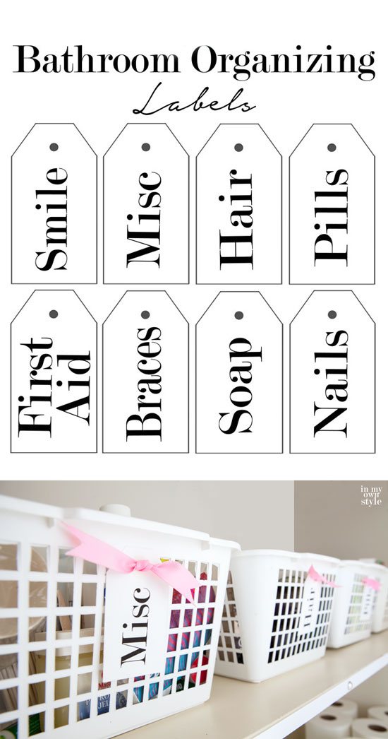 Dollar Store baskets get a style upgrade with these free printable labels for bathroom supplies. | Oducu