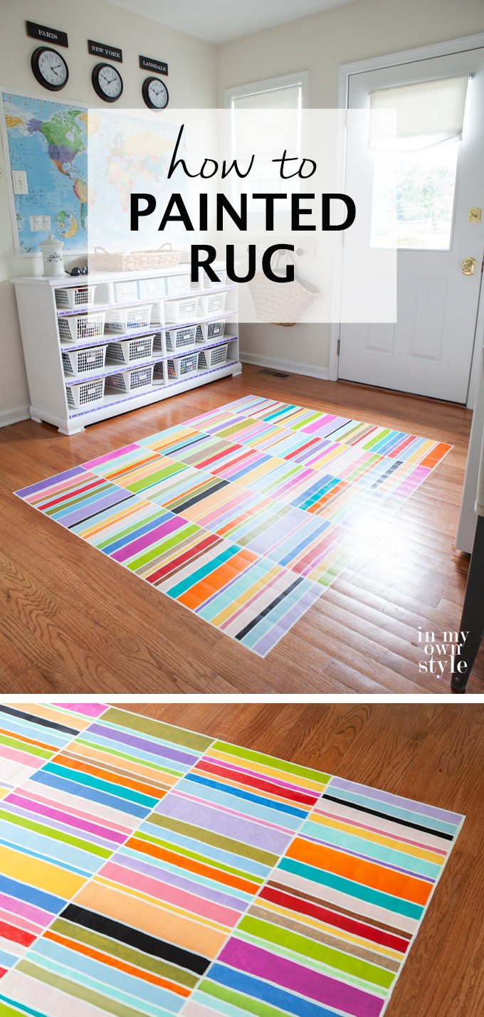 Decorating with paint. Step by step tutorial on how to paint a colorful striped rug on a floor that uses rugs from Dash & Albert and FLOR as inspiration. | Oducu