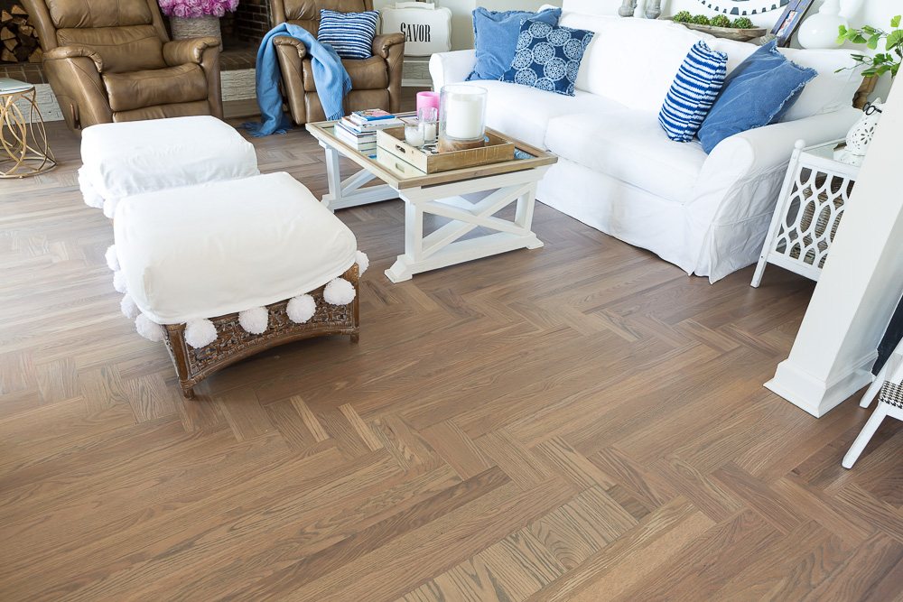 Up close look at color of newly refinished hardwood floor. The color is Bona Drifast stain in Grey.