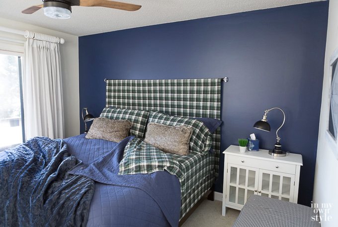 Accent wall in bedroom painted Navy Blue