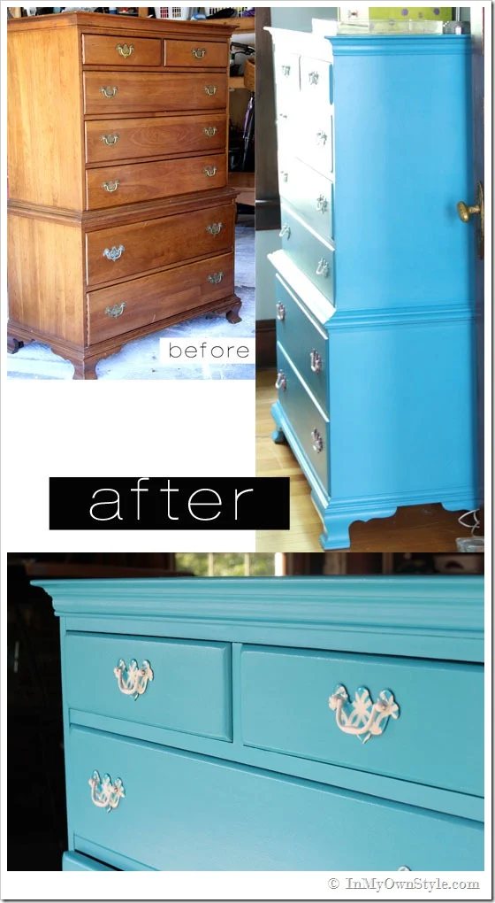Chest of drawers before and after painting images.