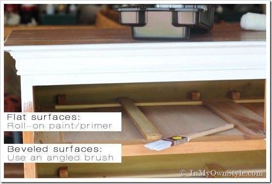 Painting-furniture-tips showing where to use a paint roller and where to use a paint brush.
