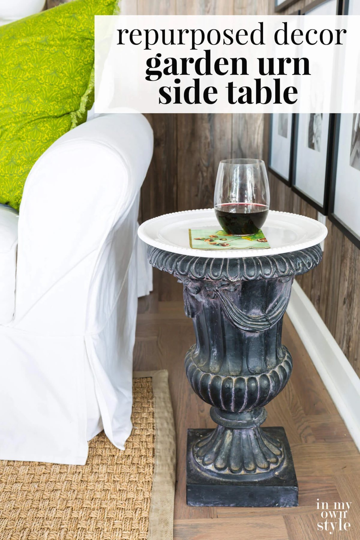Repurposing idea using a garden urn for a living room end table.