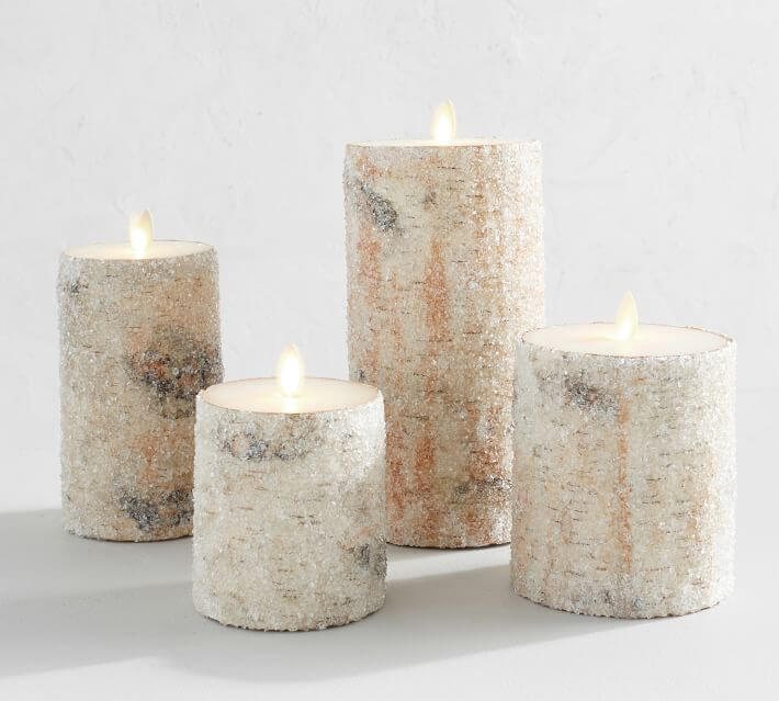 4 Pottery Barn premium-flickering-flameless-sugared-birch-pillar-candles