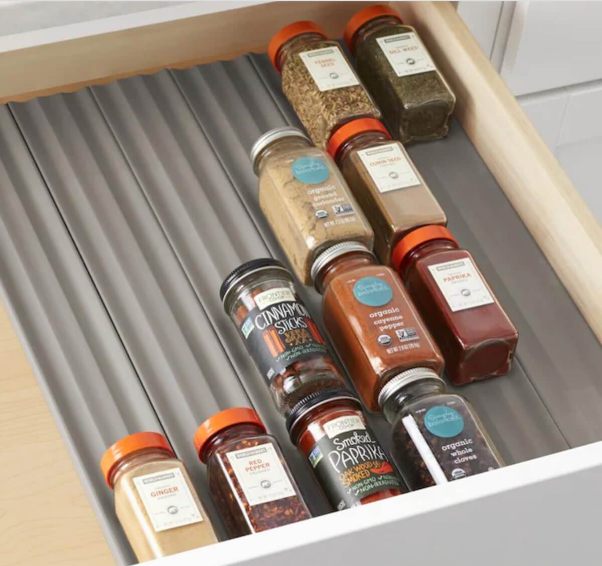 spice drawer liner that keeps jars in place
