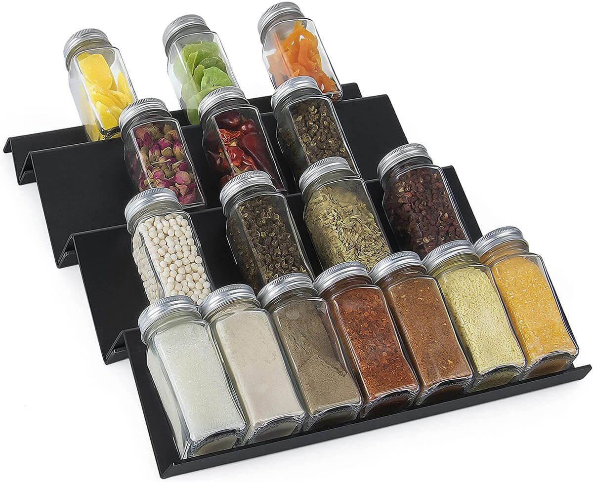 expanding angled spice rack for a drawer