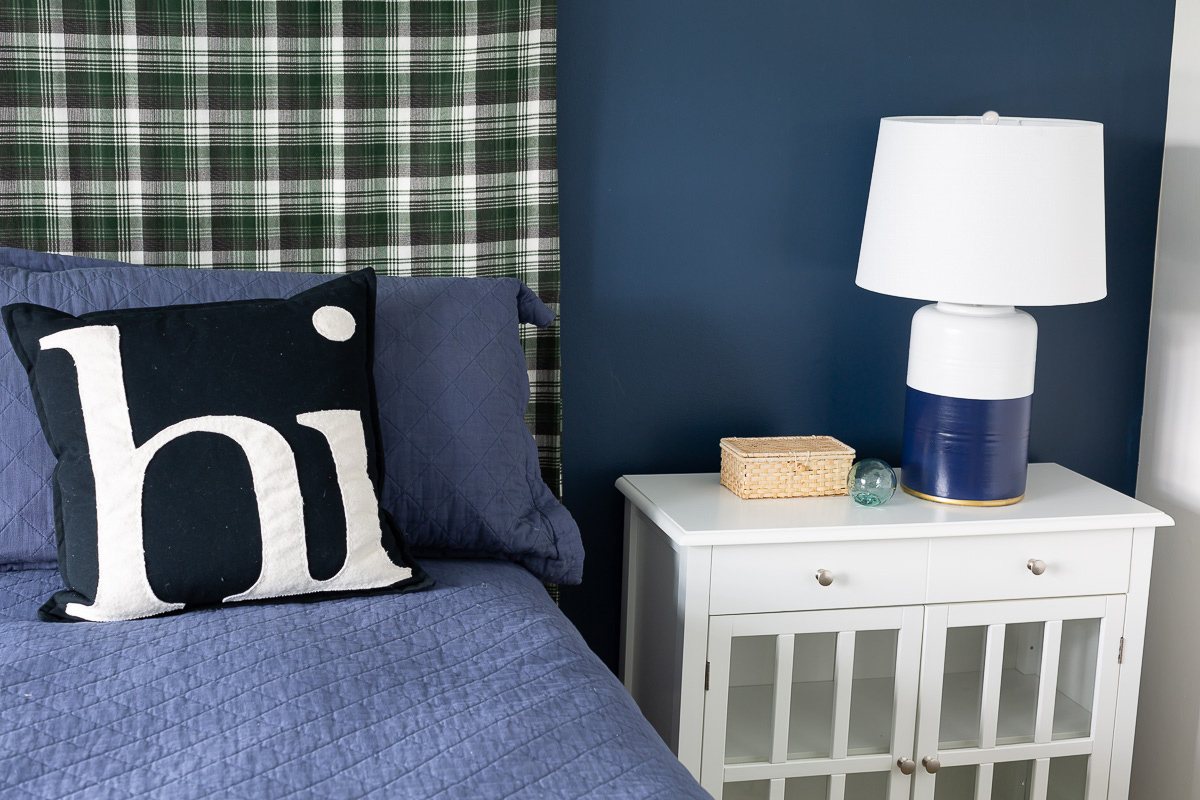 Blue and white bedroom with completed spray painted lamp inspired by a Serena and Lily table lamp.