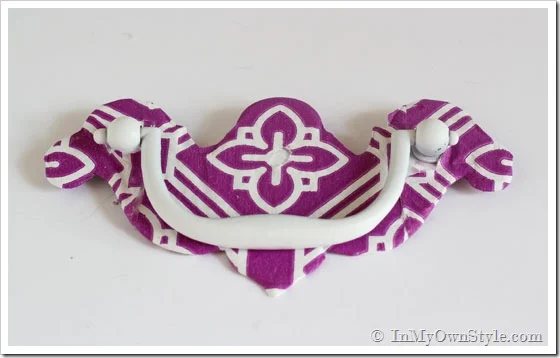 Purple and white patterned Napkin-covered-drawer-pull