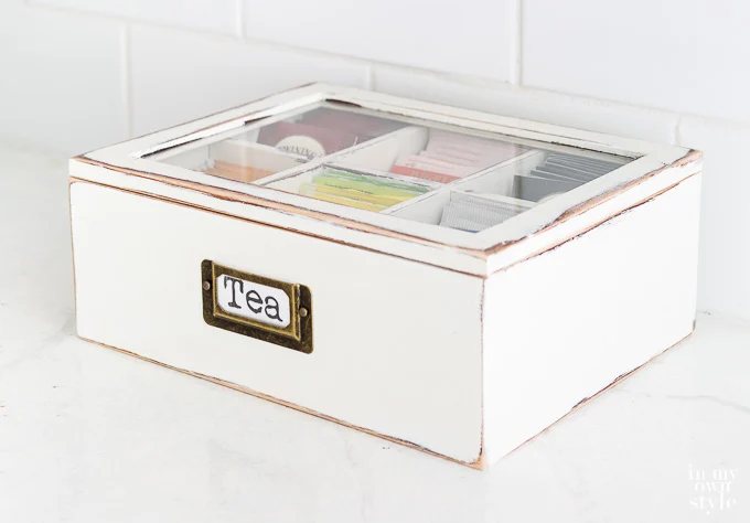 Thrift store found tea box made over using leftover chalk paint