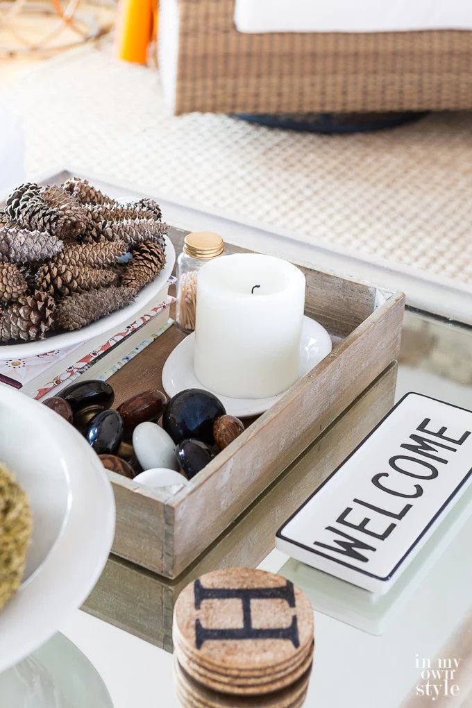 Coffee table accessorized for fall. DIY bloggers Fall home tours.