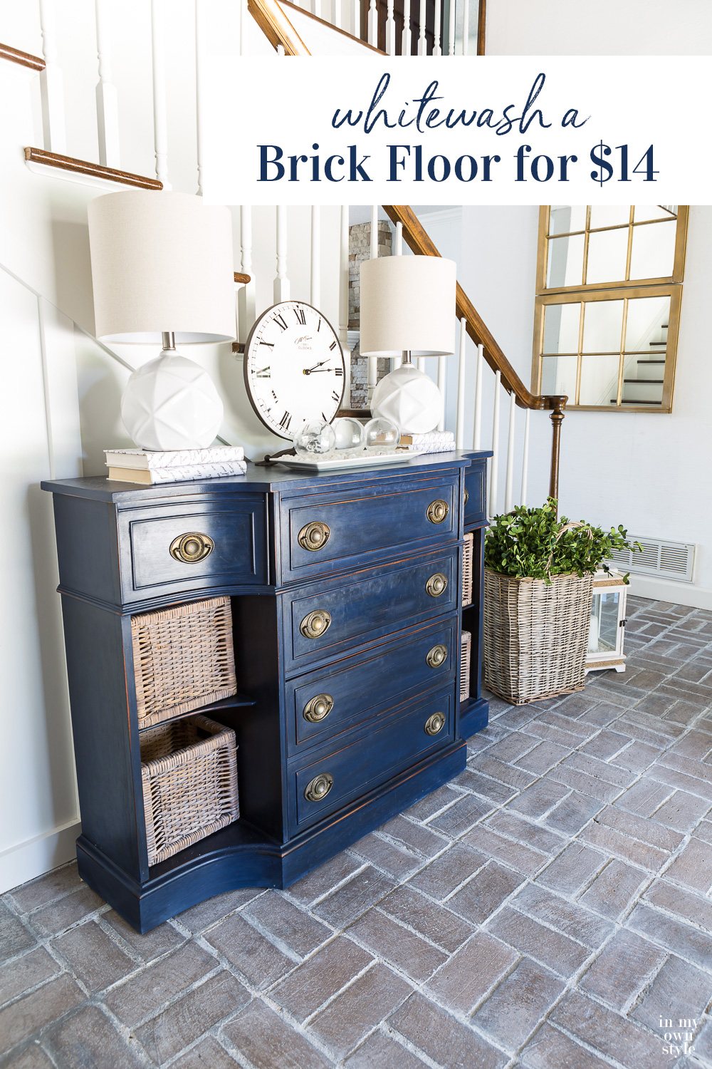 How to whitewash a brick floor for $14 using grout paint. Find out how easy it is to do this DIY floor painting project in an afternoon for a room this size. #brickflooring #brickfloormudroom #brickfloorfoyer #brickfloorkitchen #paintedfloor #whitewashbrick #DIYdecor