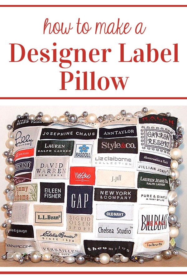 creative throw pillow made using labels from clothing