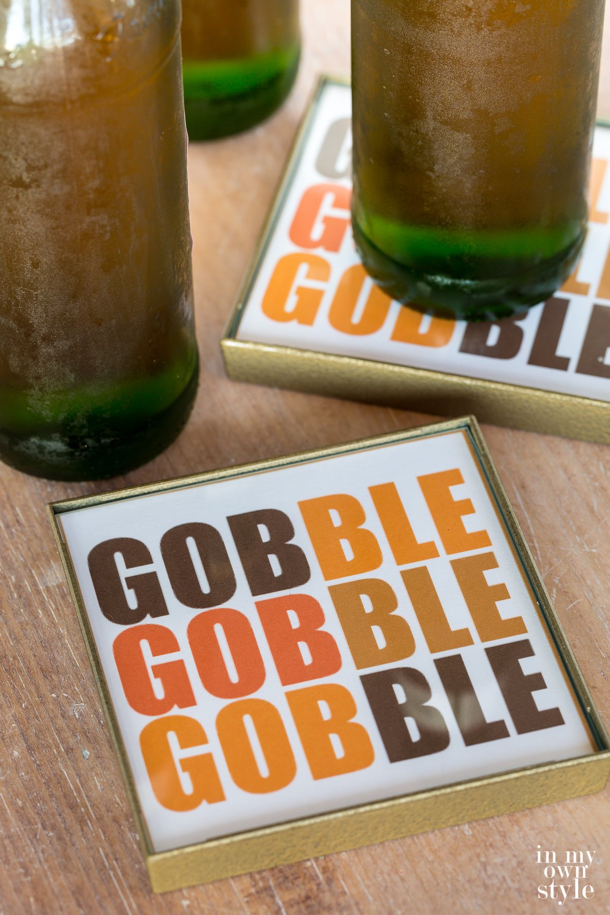 Thanksgiving drink coaster free printable that says Gobble Gobble