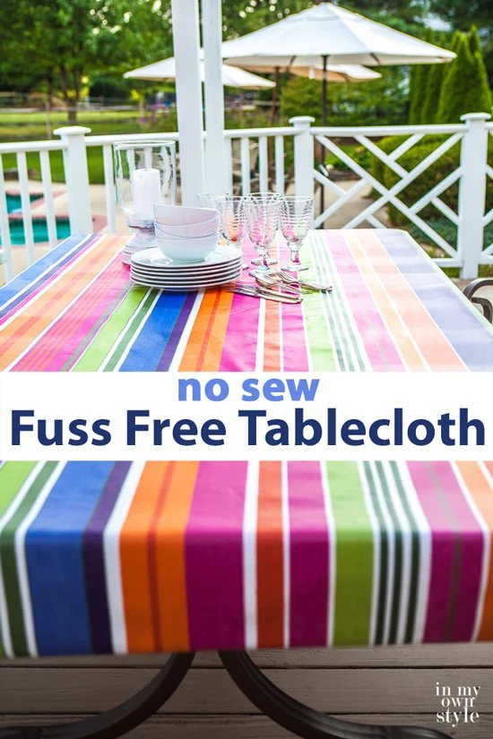 If you like to hear the words no-sew and easy to care for when it comes to tablecloths, check out the fabric I used. It comes in many different styles and colors.