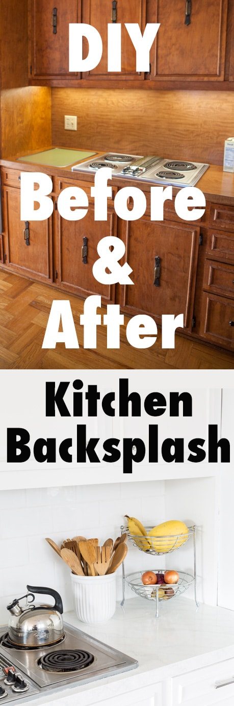 Before and after DIY kitchen backsplash makeover using white subway tiles. You won't believe how the homeowner turned a dated and brown kitchen into a light and bright one on a dime.
