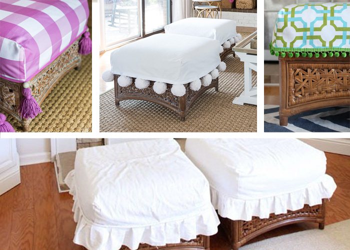 4 different slipcovers made for a pair of square rattan ottomans.