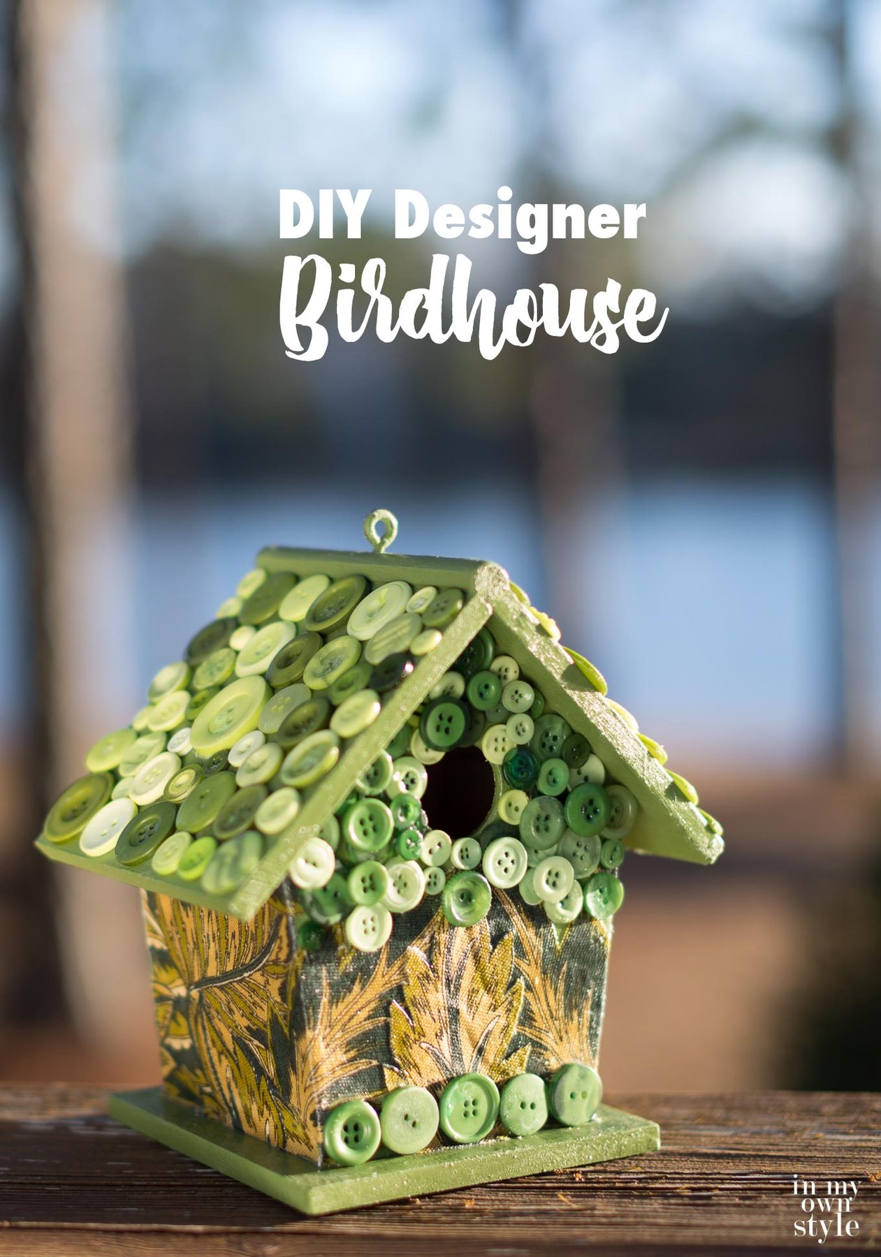 Decorate and paint a designer birdhouse. Craft idea for decorating a birdhouse with paint, fabric, and buttons.