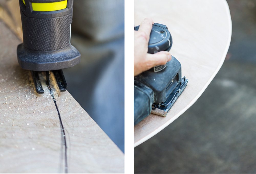 2 images showing how to cut an sand plywood to make a large wall clock