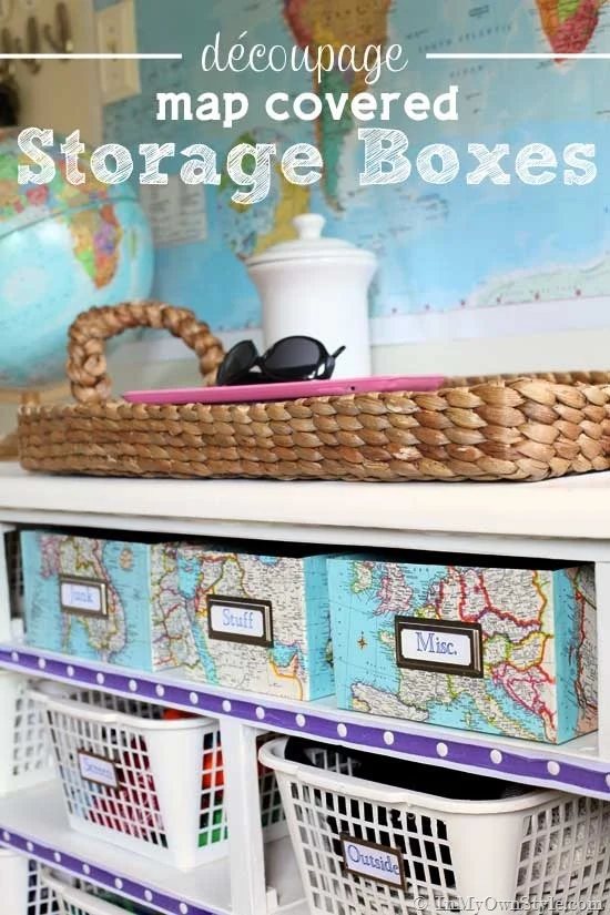 Map Covered Shelf Organizing Boxes