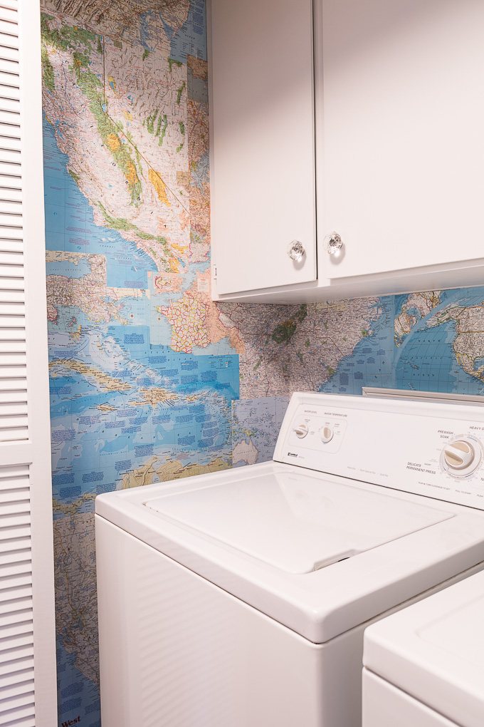 DIY Map wallpaper used in a laundry room