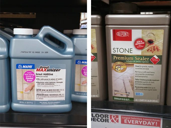 Two bottles of supplies. Sealer to use on stone tile that will get wet and grout.