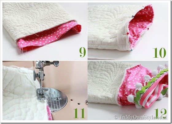 Steps showing how to sew a Christmas stocking together.