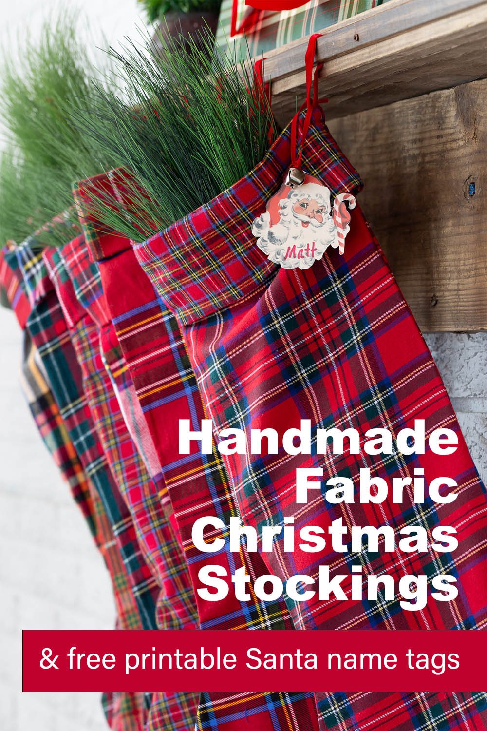 Handmade fabric Christmas stockings and free vintage Santa face gif tag printable.