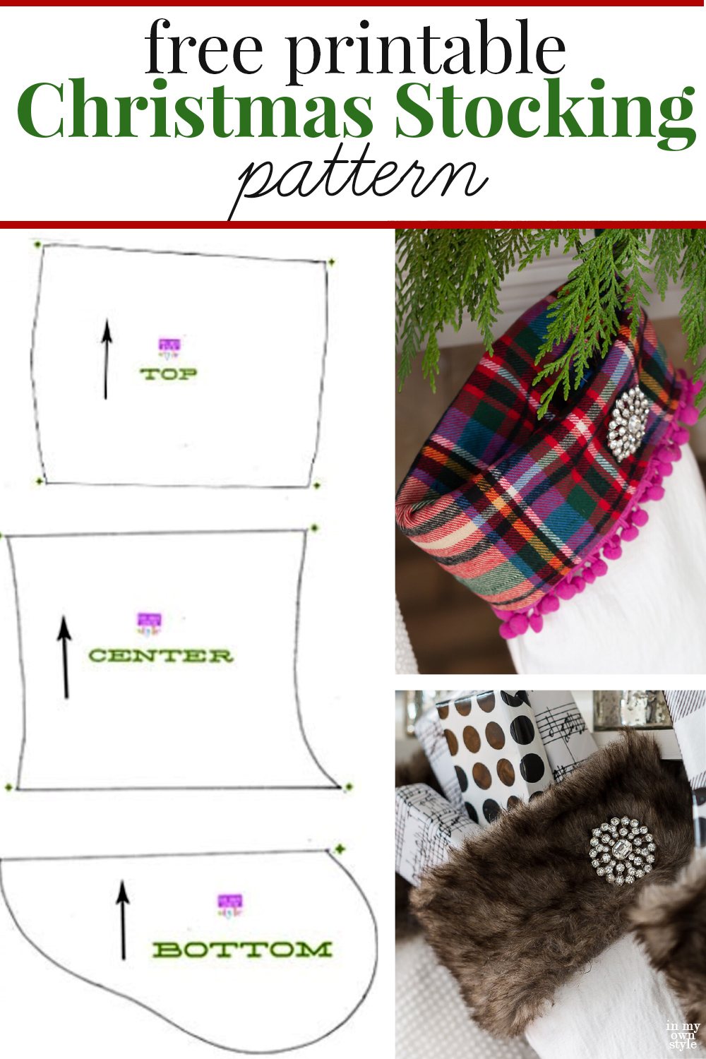 Photo showing a Christmas stocking pattern and completed stockings hanging along a mantel.