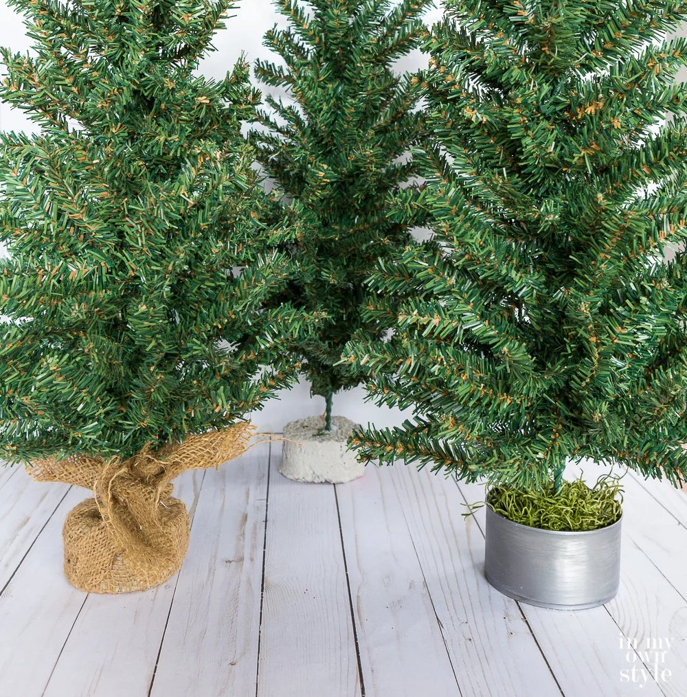 Mini Christmas Tree Styling Idea where you remove the burlap base and replace and restyle it with a tin can.
