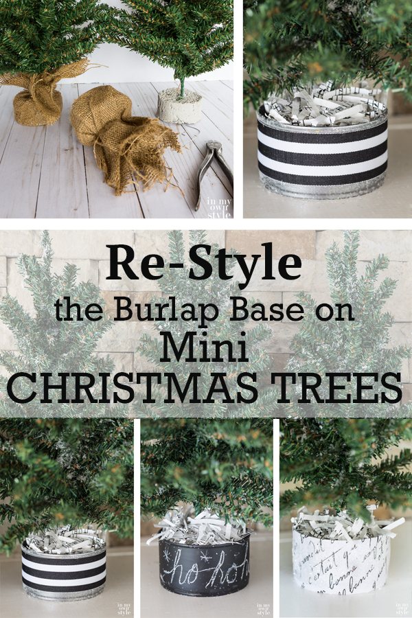 How to restyle the burlap cover that comes with store bought faux pine mini Christmas trees and make a new decorative and stylish base in any color you desire. #miniChristmastree #burlap #fauxpine #christmasdecor #christmasdecoratingDIY #christmasdecoratinghack #Christmastreecollar