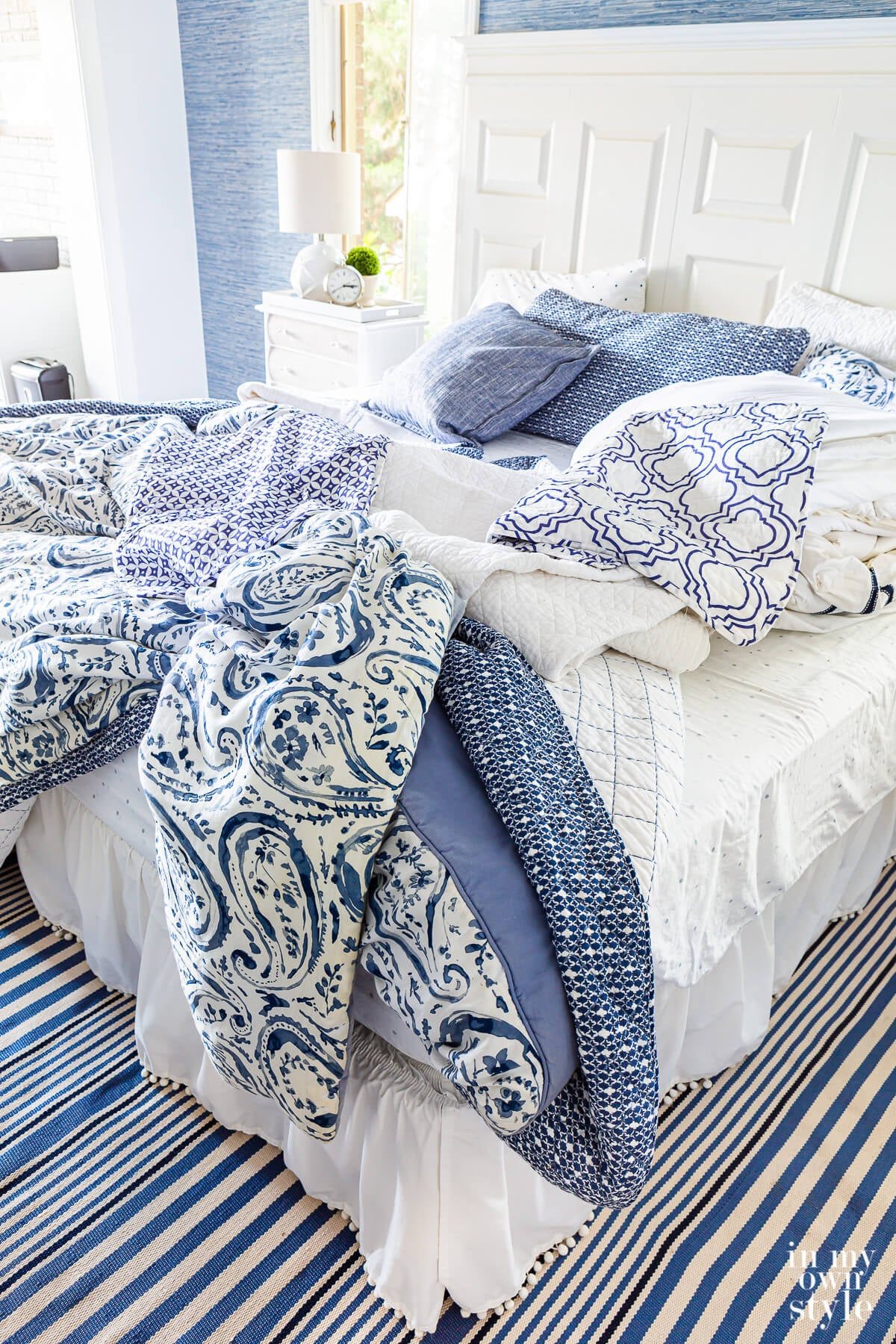 Blue and white bedding getting mixed and matched to create a new look for the season.