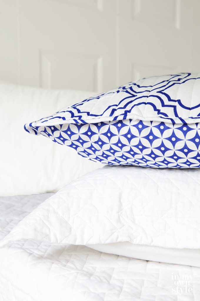 Bed Pillows in blue and white found at HomeGoods