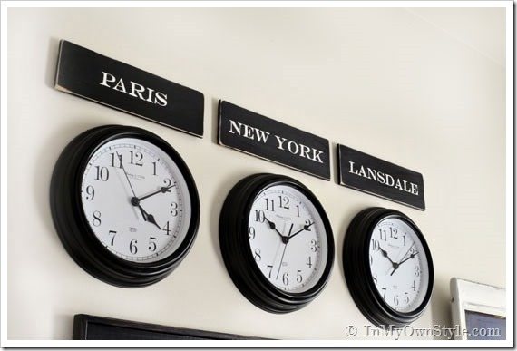 Decorating- a mudroom with-clocks-and-City-names