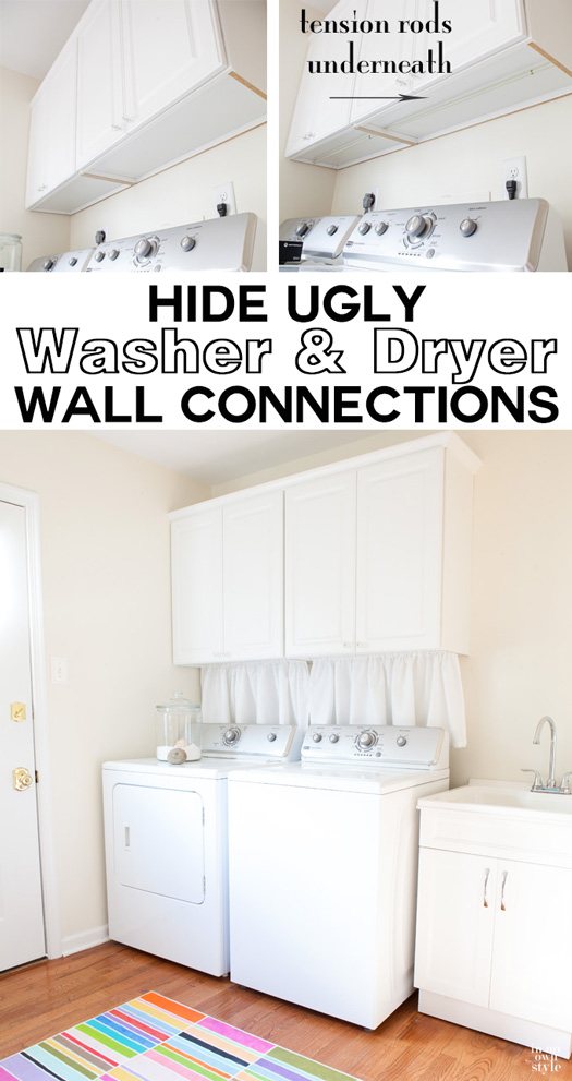 How to hide the unsightly washer and dryer wall connections behind a washer and dryer in your laundry room. | Oducu